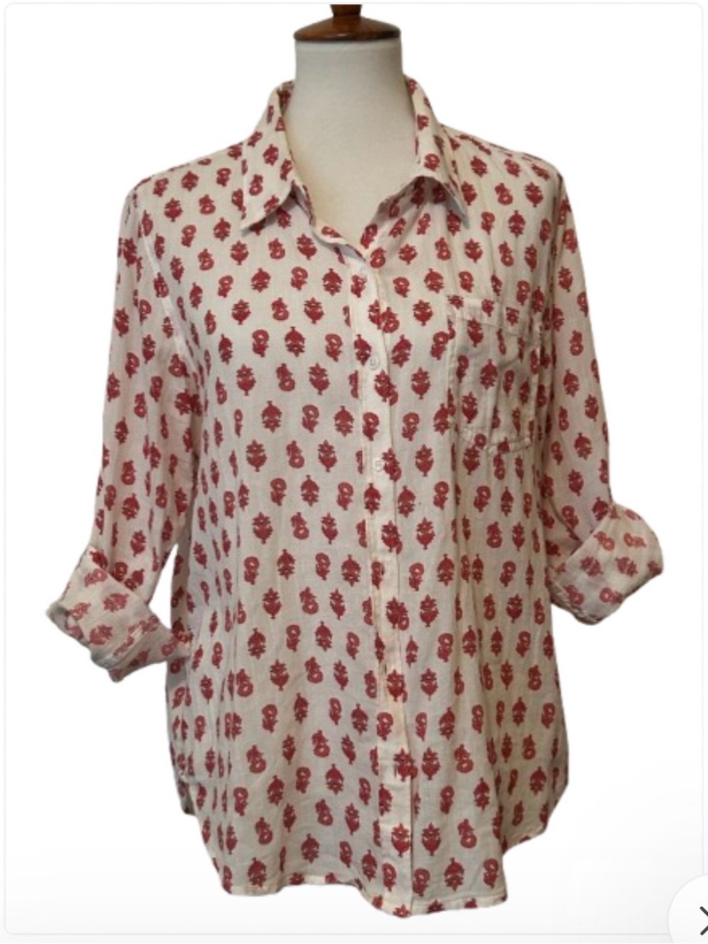 Lucky Brand Block Print Cotton Button Down L